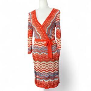 Trina Turk Chevron Knit‎ Wrap Dress Belt Orange Blue V-Neck Long Sleeve ZigZag 0